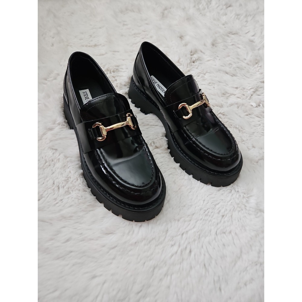 Steve Madden Lando Black Patent Leather Lug Sole Horsebit Loafers 7M Y2K Whimsig
